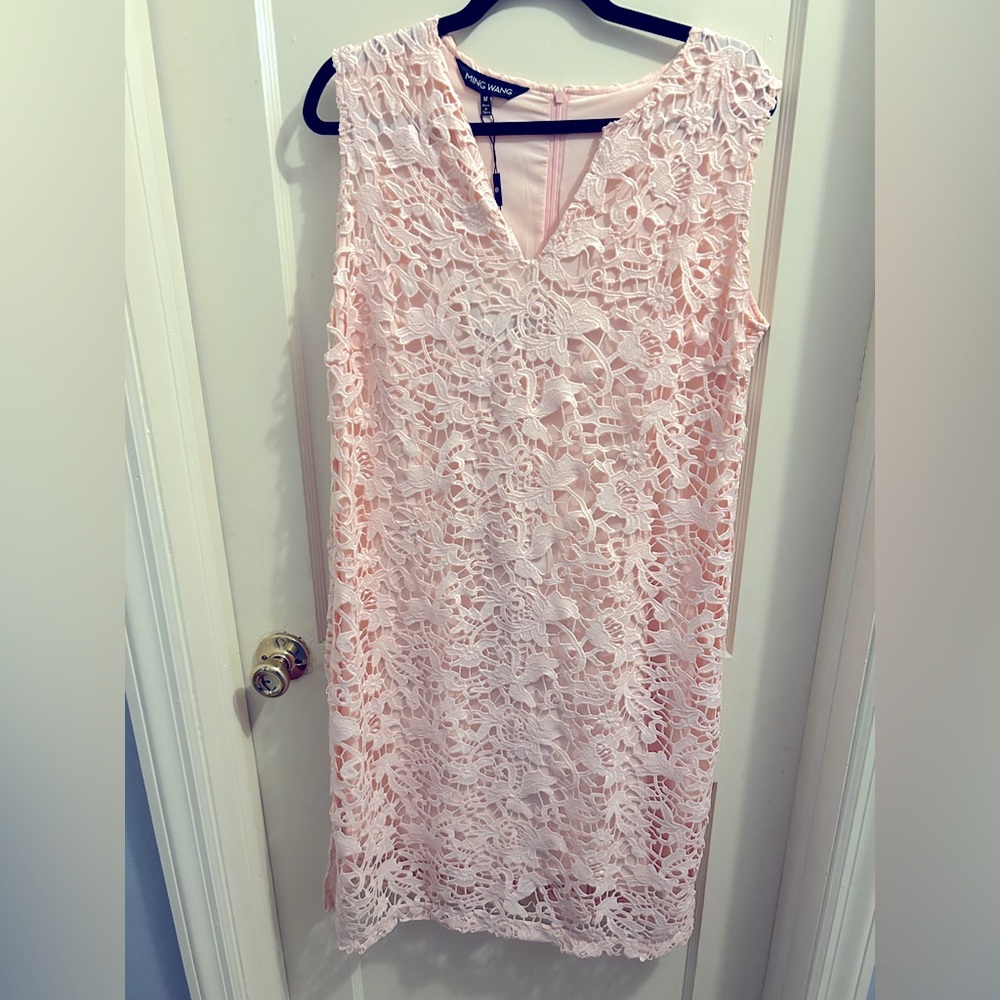NWT MING‎ WANG lace overlay sheath dress pink medium